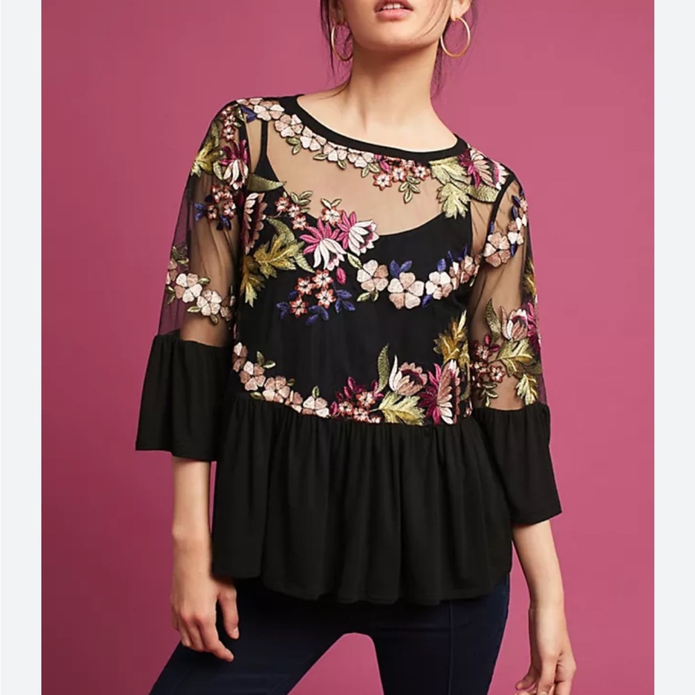 Anthropologie eri + Ari ornate embroidered sheer top with
